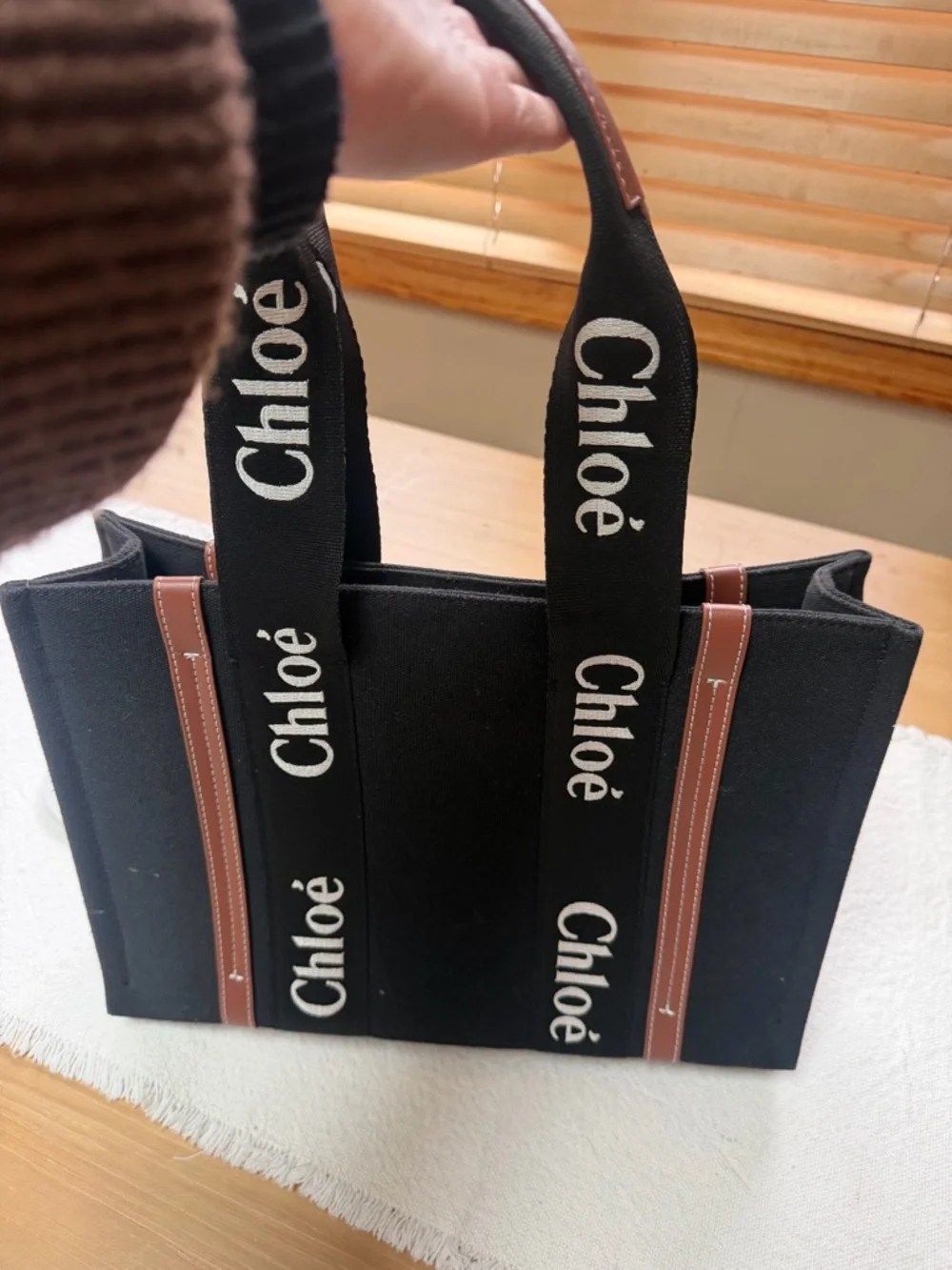 Black Canvas Tote Bag with Brown Trim and Logo Strap